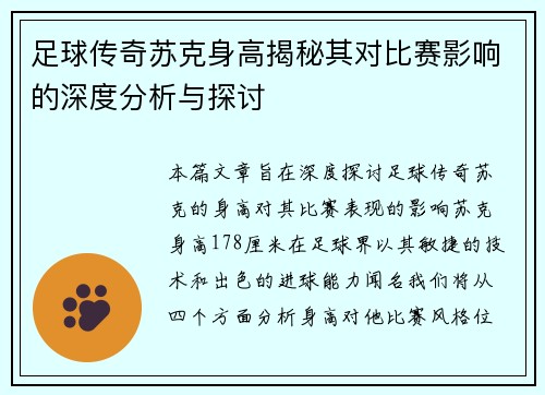 足球传奇苏克身高揭秘其对比赛影响的深度分析与探讨